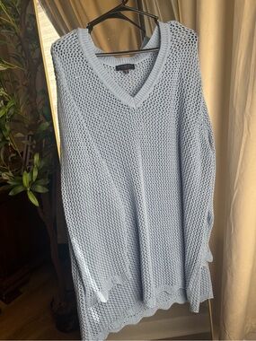 Light Blue Open-Knit V-Neck Sweater